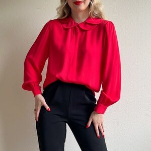 Vintage 1990s Bright Red Blouse With Double Peter Pan Collar (S/M)